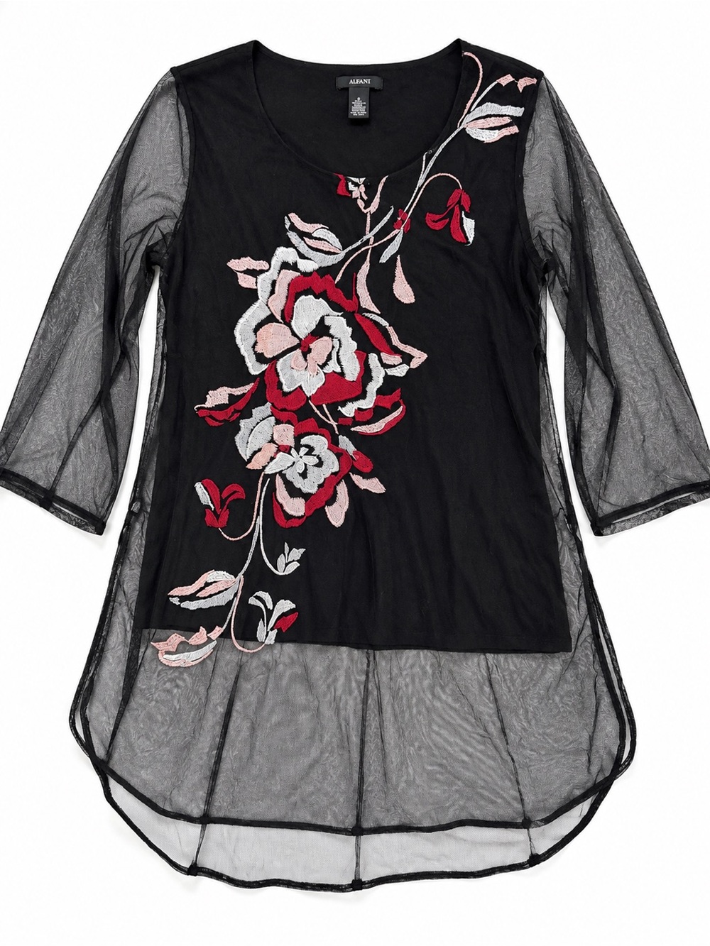 Alfani Black Mesh Tunic Top Small Embroidered Floral Sheer Y2K Whimsigoth 90s